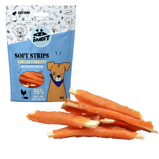 Recompense pentru caini Mr. Bandit SOFT STRIPS, pui si cod, 80 g Recompense pentru caini Mr. Bandit SOFT STRIPS, pui si cod, 80 g