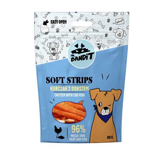 Recompense pentru caini Mr. Bandit SOFT STRIPS, pui si cod, 80 g Recompense pentru caini Mr. Bandit SOFT STRIPS, pui si cod, 80 g
