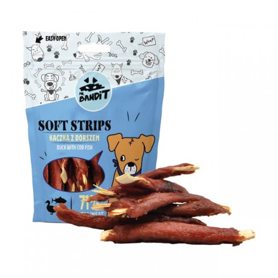 Recompense pentru caini Mr. Bandit SOFT STRIPS, rata si cod, 500g Recompense pentru caini Mr. Bandit SOFT STRIPS, rata si cod, 500g