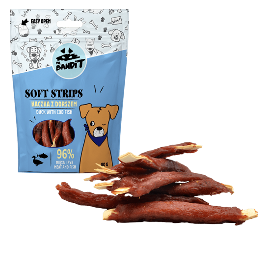 Recompense pentru caini Mr. Bandit SOFT STRIPS, rata si cod, 80 g Recompense pentru caini Mr. Bandit SOFT STRIPS, rata si cod, 80 g