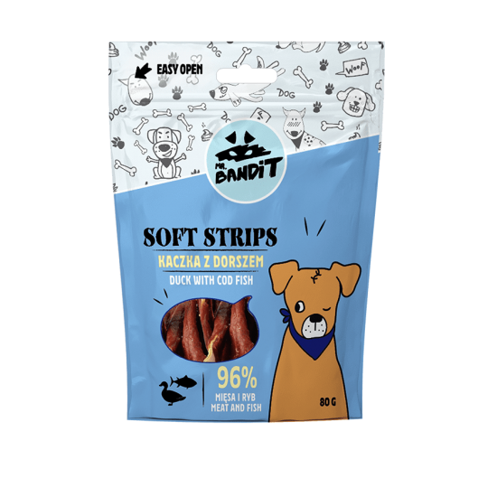 Recompense pentru caini Mr. Bandit SOFT STRIPS, rata si cod, 80 g Recompense pentru caini Mr. Bandit SOFT STRIPS, rata si cod, 80 g