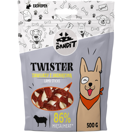 Recompense pentru caini Mr. Bandit TWISTER, miel, 500g