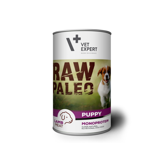 Hrana umeda pentru caini, RAW PALEO Puppy, conserva monoproteica, carne de miel 400 g
