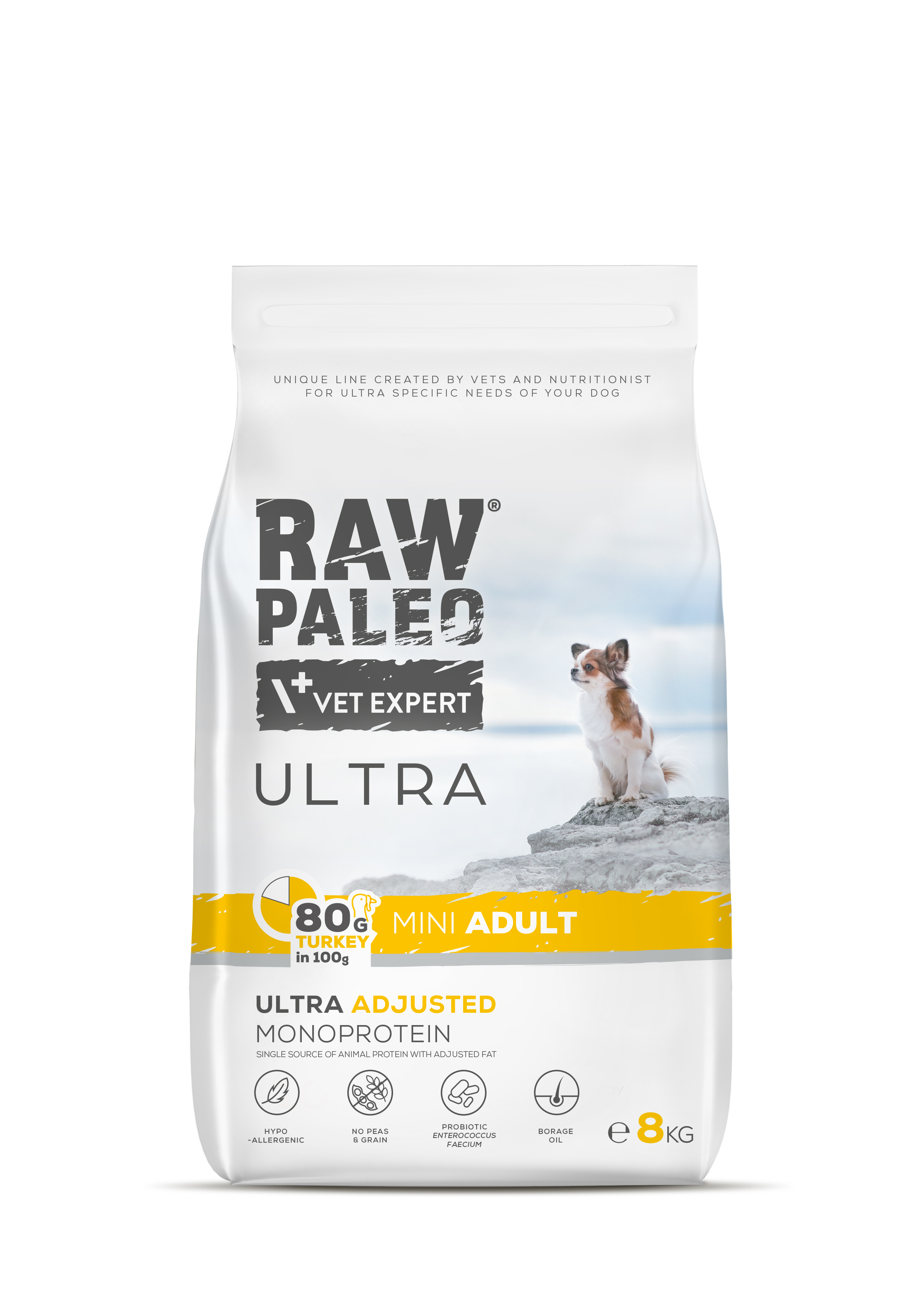 Hrană uscată pentru câini Raw Paleo Ultra Turkey Mini Adult  8kg