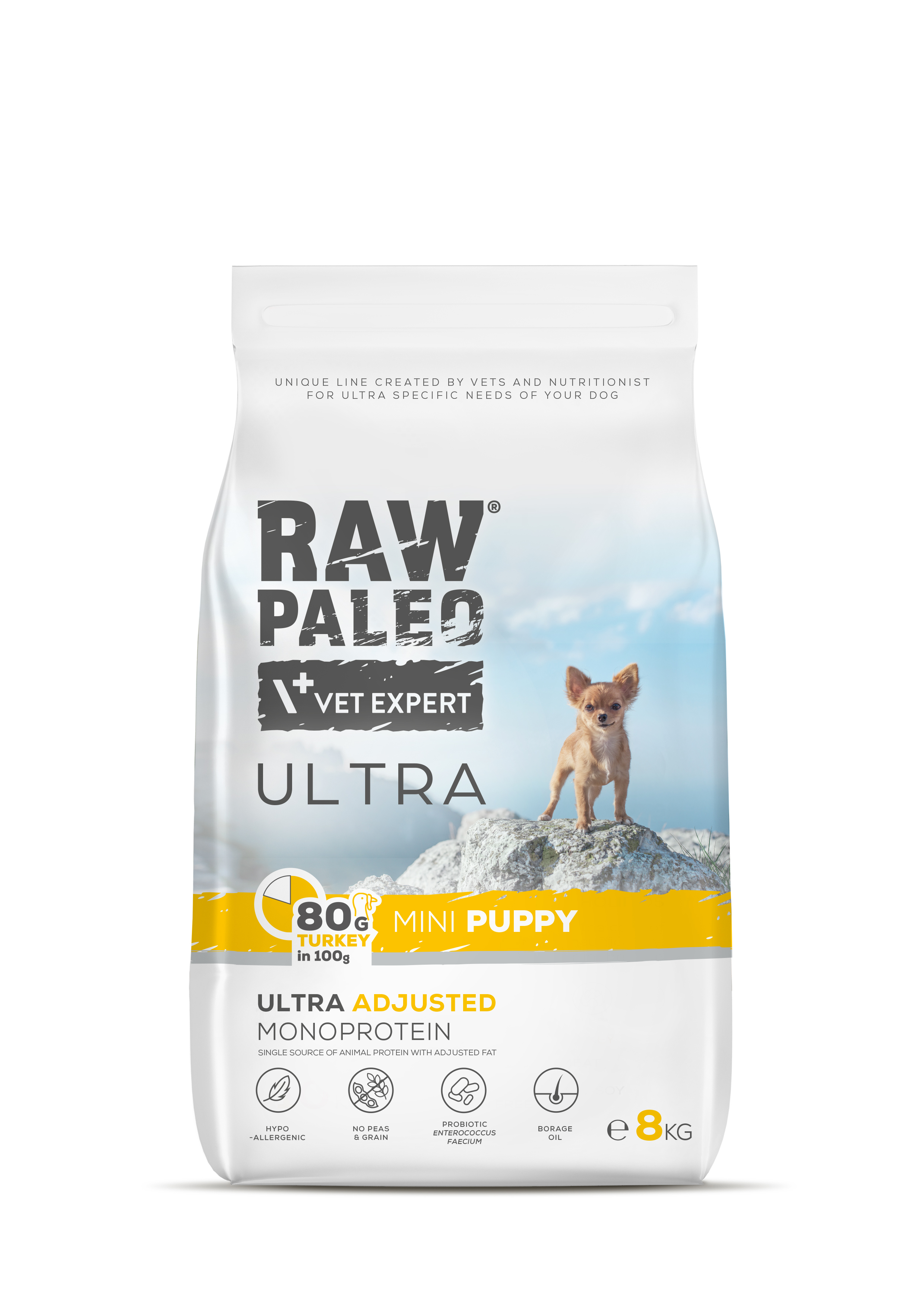 Hrană uscată pentru câini Raw Paleo Ultra Turkey Mini Puppy 8kg