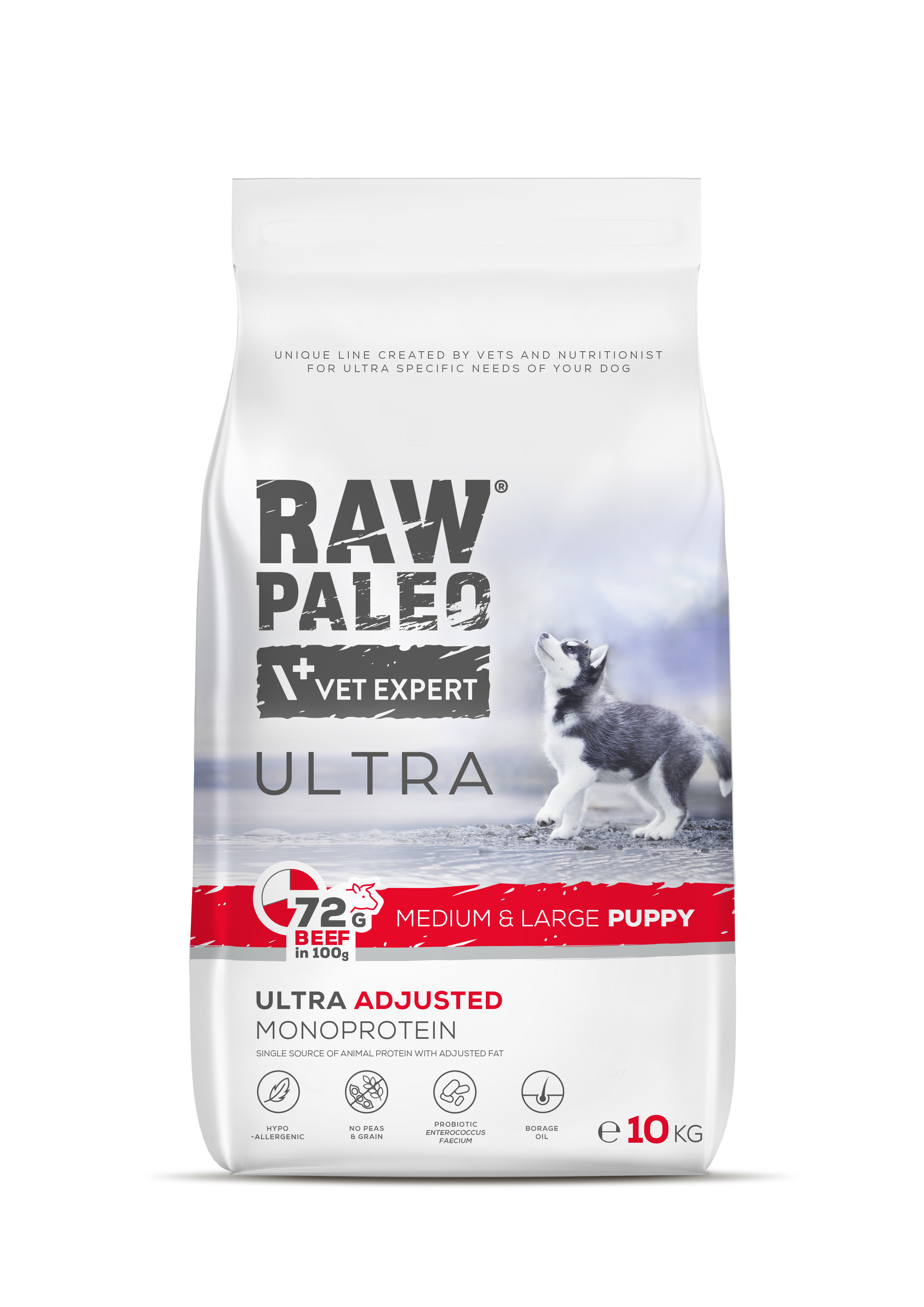 Hrană uscată pentru câini Raw Paleo Ultra Beef Medium&Large Puppy 10kg