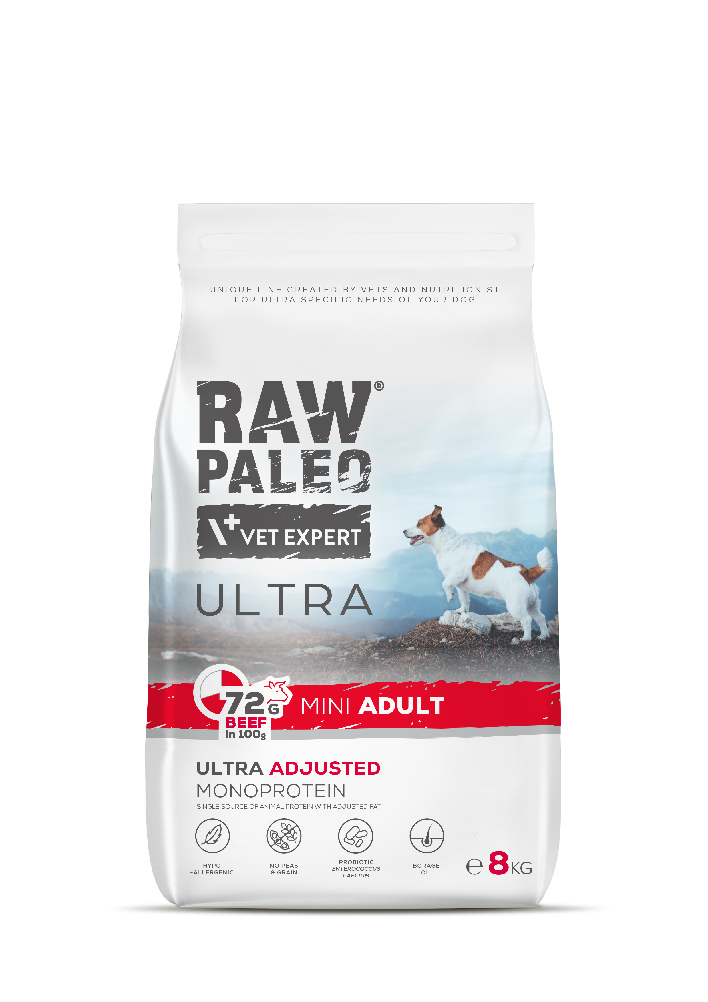 Hrană uscată pentru câini Raw Paleo Ultra Beef Mini Adult  8kg