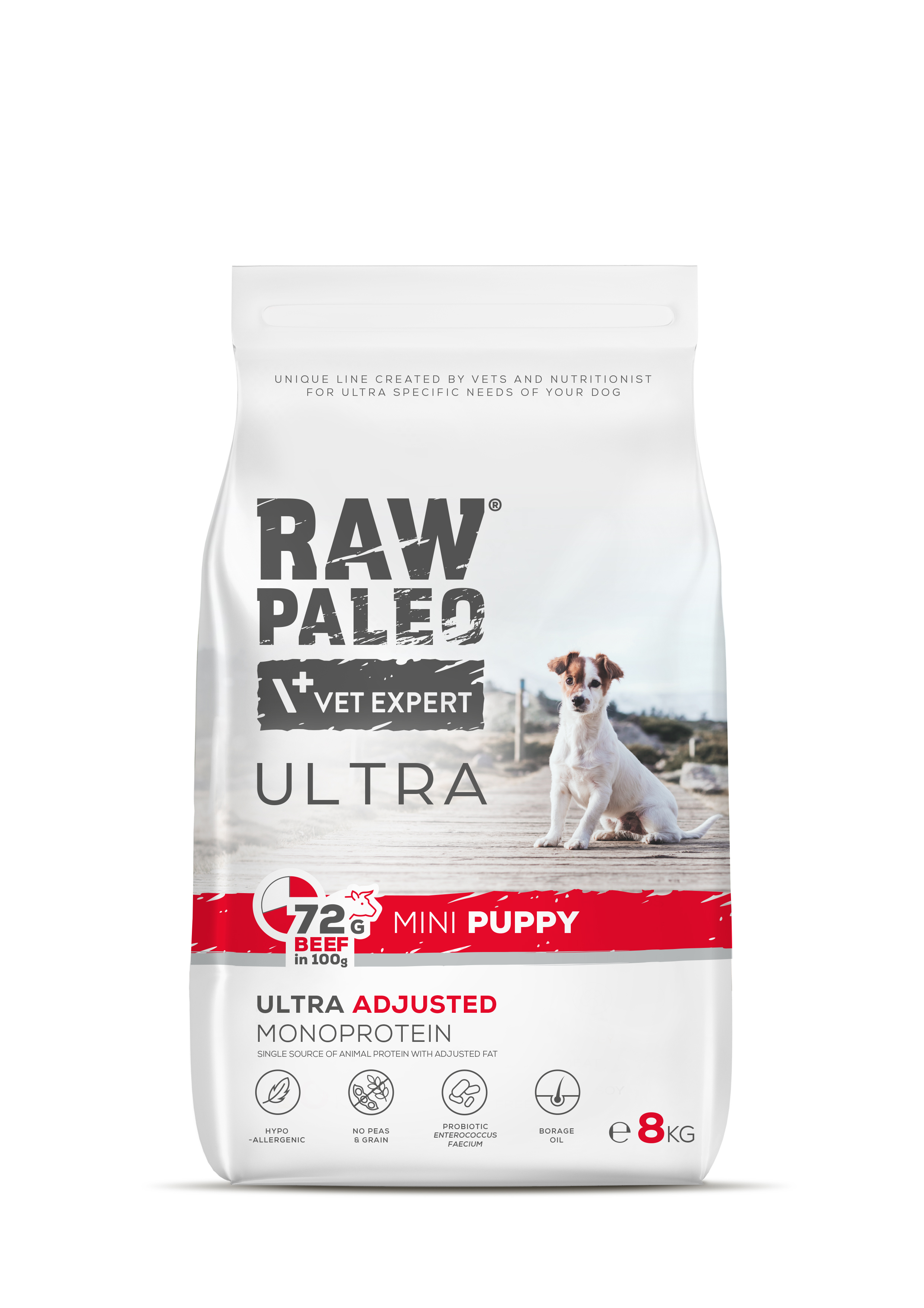 Hrană uscată pentru câini Raw Paleo Ultra Beef Mini Puppy 8kg