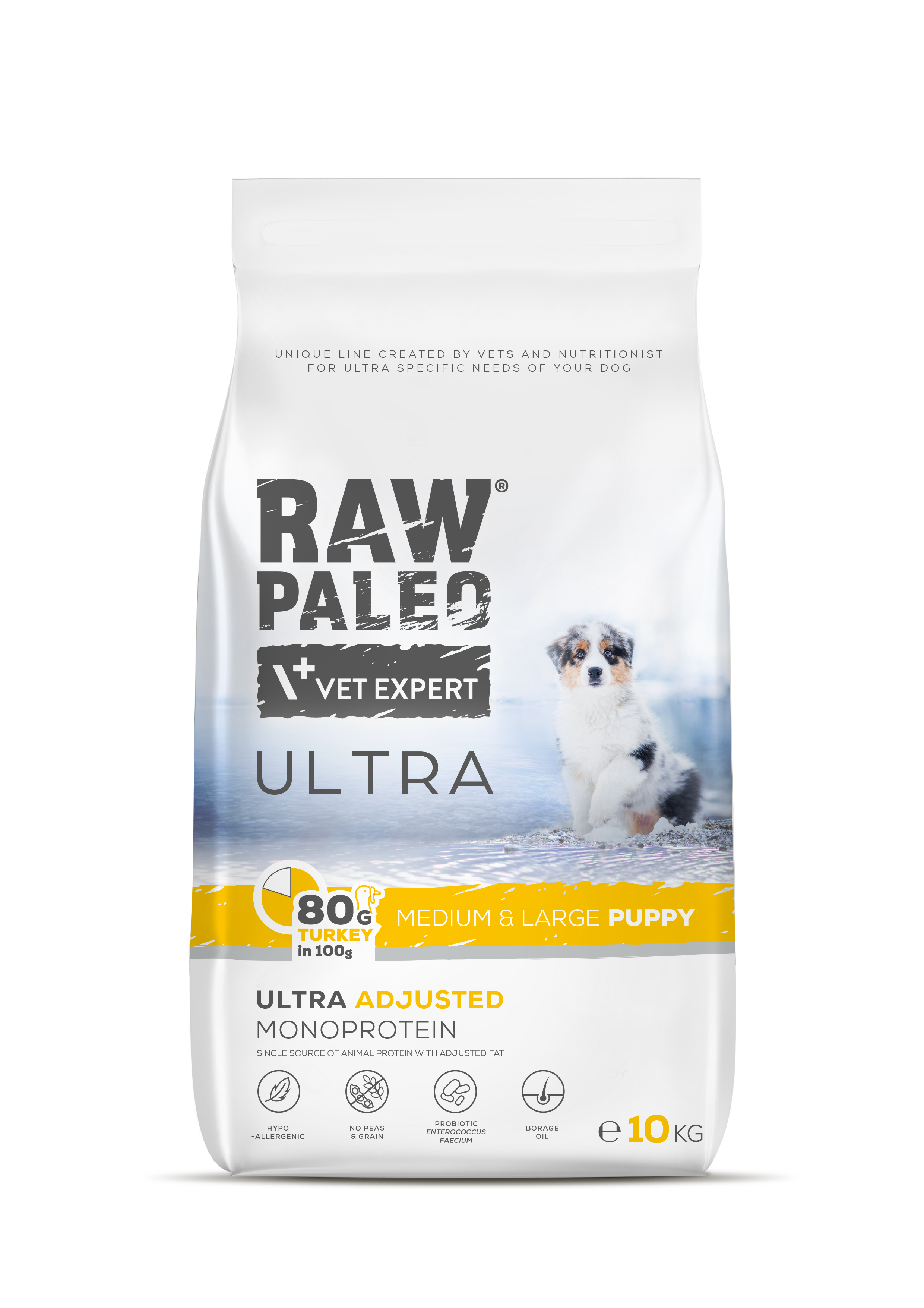Hrană uscată pentru câini Raw Paleo Ultra Turkey Medium&Large Puppy 10kg
