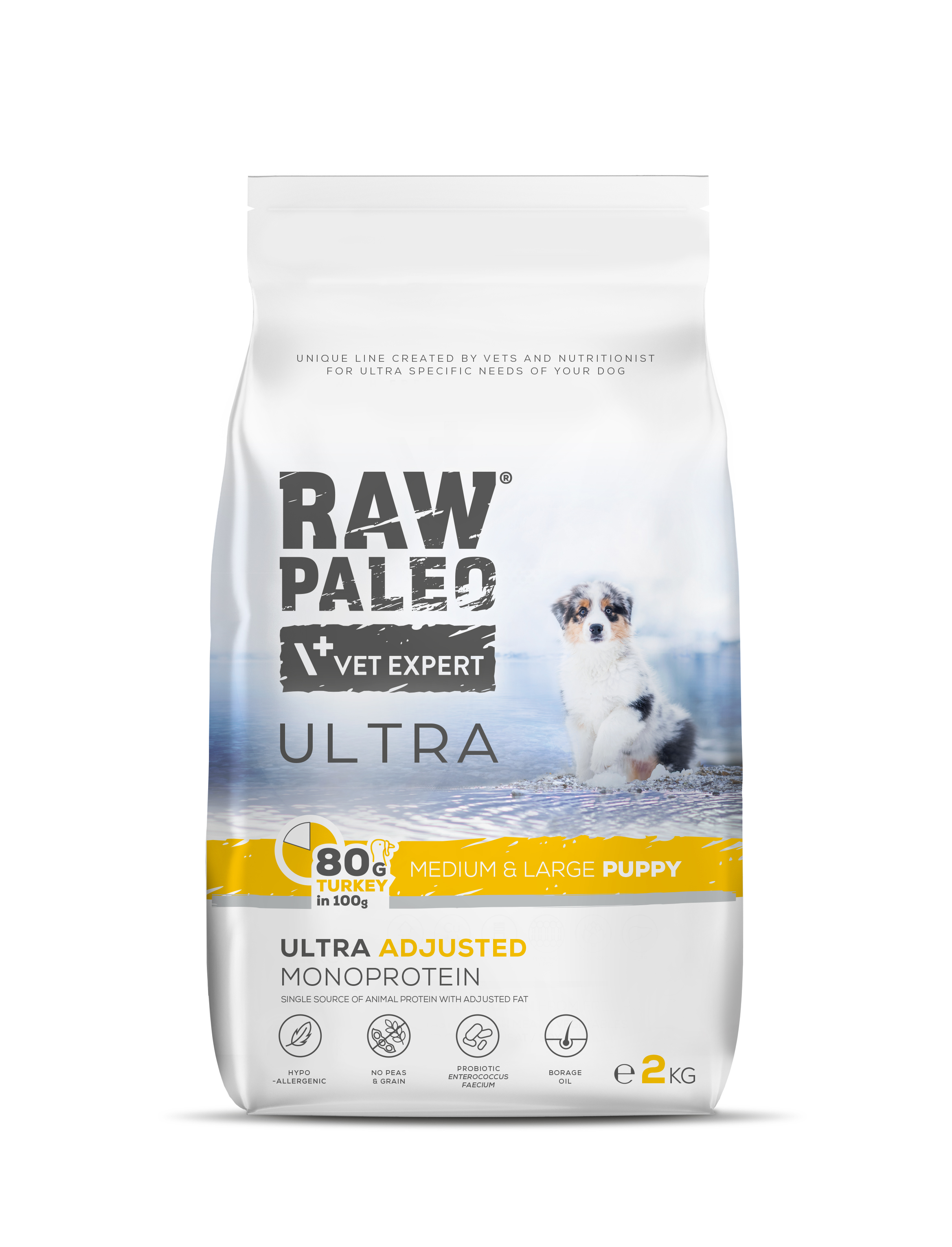 Hrană uscată pentru câini Raw Paleo Ultra Turkey Medium&Large Puppy 2kg