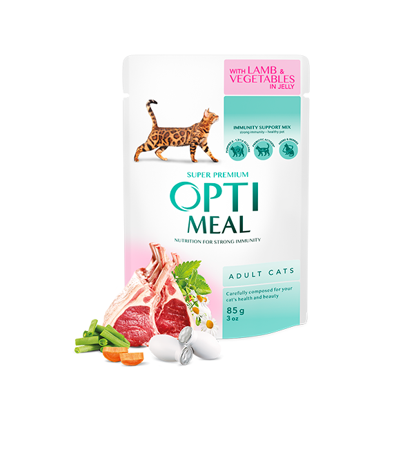 Hrana umeda pentru pisici adulte, Super Premium OPTIMEAL WET FOOD , miel si legume, 85g