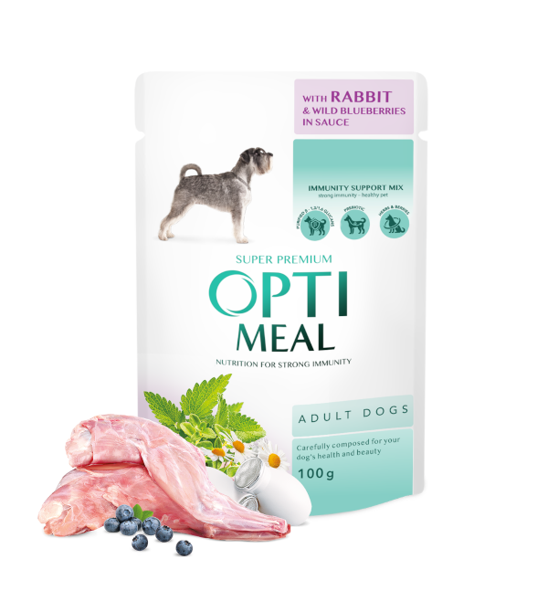 Hrana umeda pentru caini adulti, Super Premium OPTIMEAL, IEPURE ȘI AFINE ÎN SOS, 100g