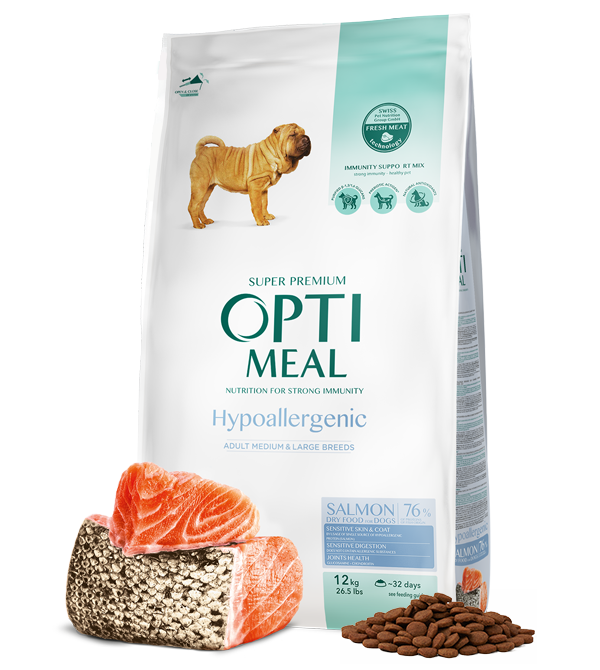 Hrana uscata pentru caini adulti DE TALIE MEDIE ȘI MARE, OPTIMEAL DRY FOOD, somon, 12 kg