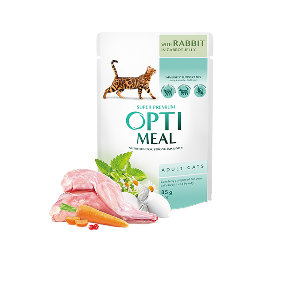 Hrana umeda pentru pisici adulte, Super Premium OPTIMEAL WET FOOD, IEPURE ÎN JELEU DE MORCOVI, 85g