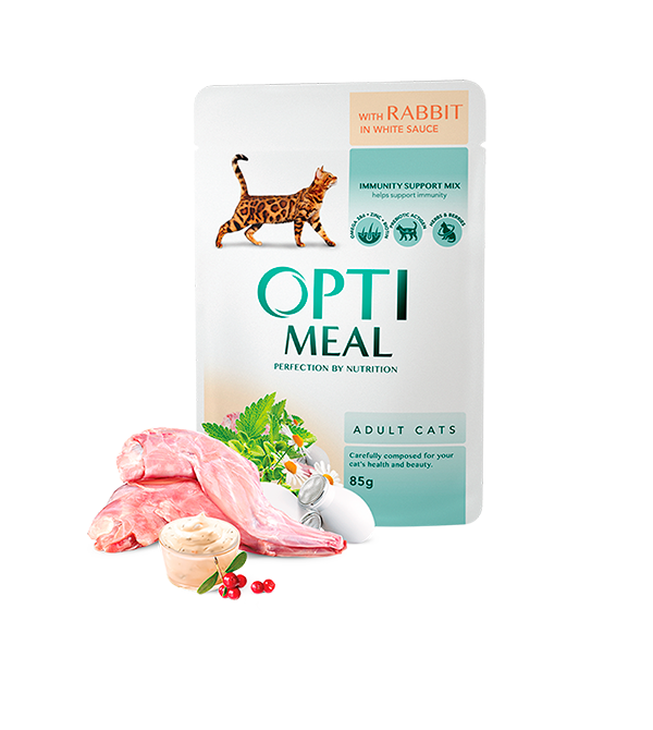 Hrana umeda pentru pisici adulte, Super Premium OPTIMEAL WET FOOD, iepure in sos alb, 85g