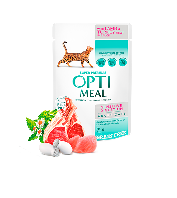 Hrana umeda pentru pisici adulte cu digestie sensibilă, Super Premium OPTIMEAL WET FOOD, fara cereale, curcan si ficat de miel in sos, 85g