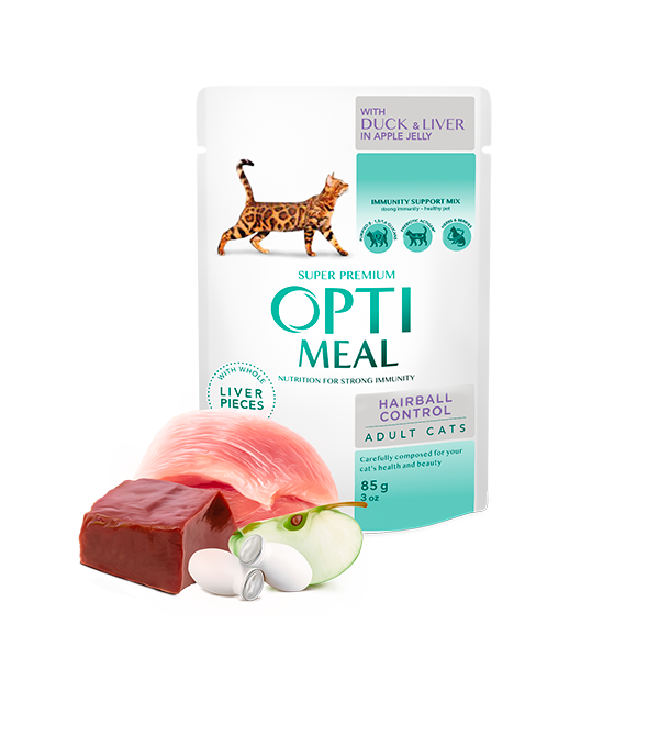 Hrana umeda pentru pisici adulte, Super Premium OPTIMEAL WET FOOD, Hairball control, CU RAȚĂ ȘI BUCĂȚI DE FICAT ÎN JELEU DE MERE, 85g