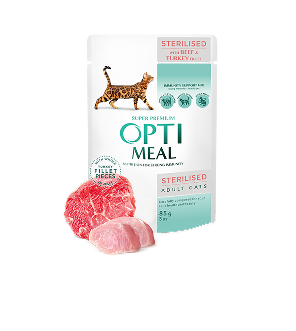 Hrana umeda pentru pisici sterilizate, Super Premium OPTIMEAL WET FOOD, CU VITĂ ȘI FILE DE CURCAN ÎN JELEU, 85g