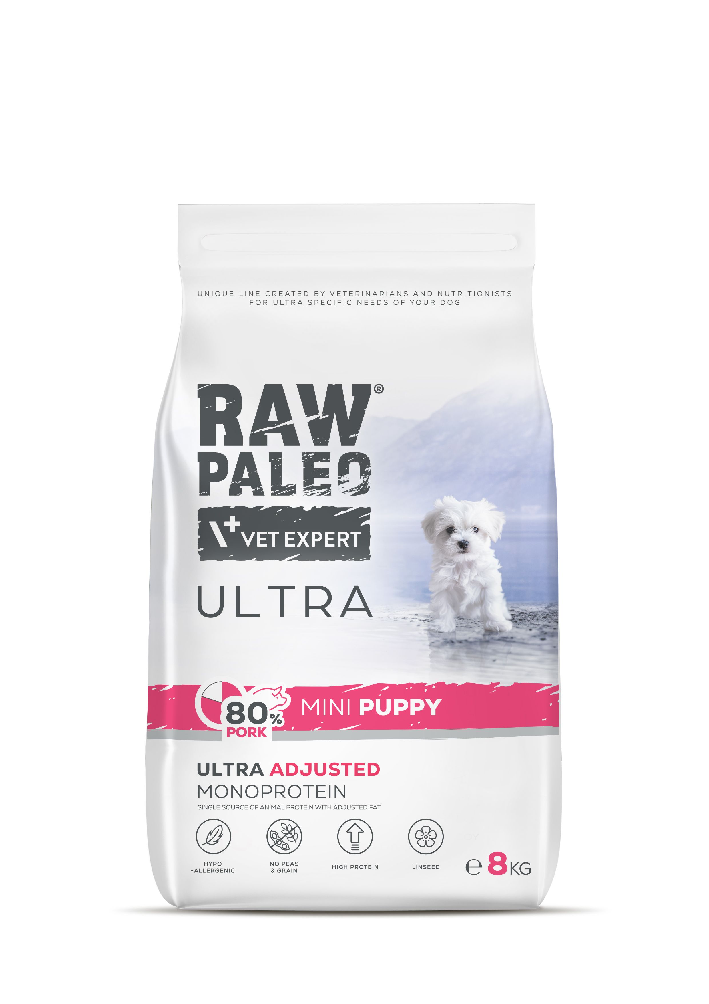 Hrană uscată pentru căței, Raw Paleo Ultra Pork, talie mică, 8 kg
