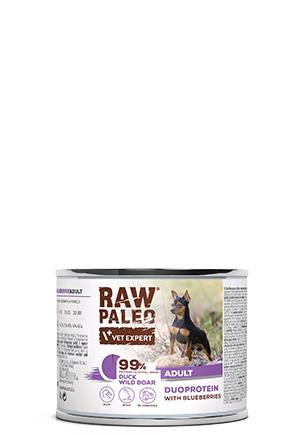 Hrană umedă pentru câini, adult, Raw Paleo Duo Protein, Rață cu Mistreț și Afine, 200g