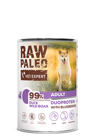 Hrană umedă pentru câini, adult, Raw Paleo Duo Protein, Rață cu Mistreț și Afine, 400g