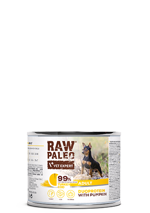 Hrană umedă pentru câini, adult, Raw Paleo Duo Protein, Curcan cu Cod și Dovleac, 200g