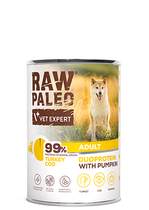 Hrană umedă pentru câini, adult, Raw Paleo Duo Protein, Curcan cu Cod și Dovleac, 400g
