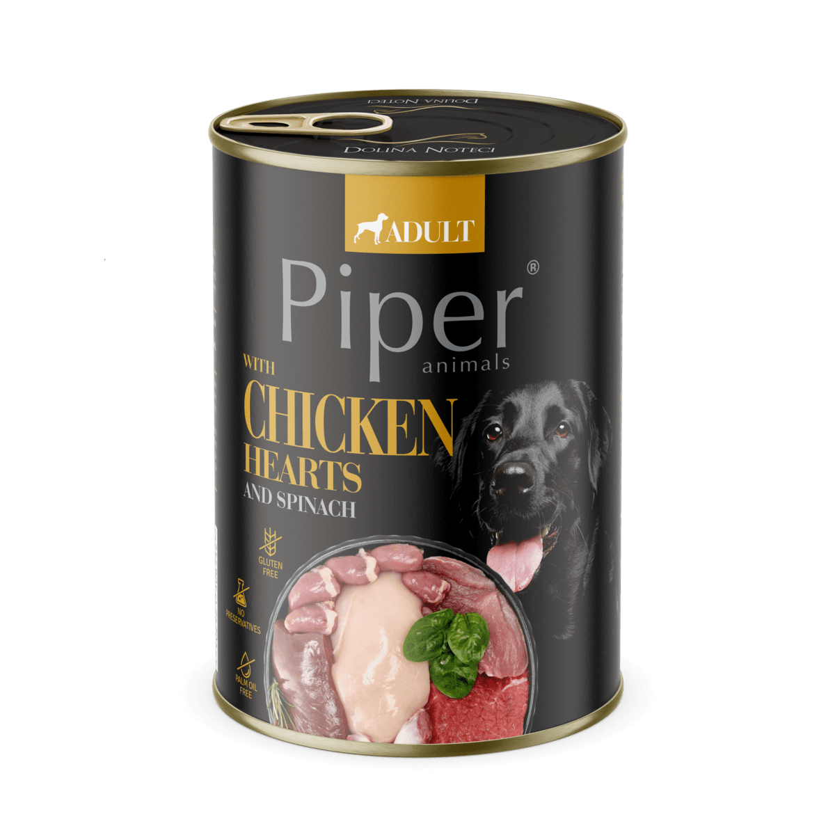 Hrana umeda pentru caini PIPER DOG, inimi de pui si spanac. 400g