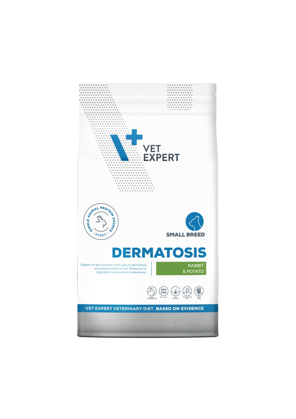 Dietă dermatologică completă pentru câini de talie mică Vet Expert DERMATOSIS Iepure & Cartof 8 KG