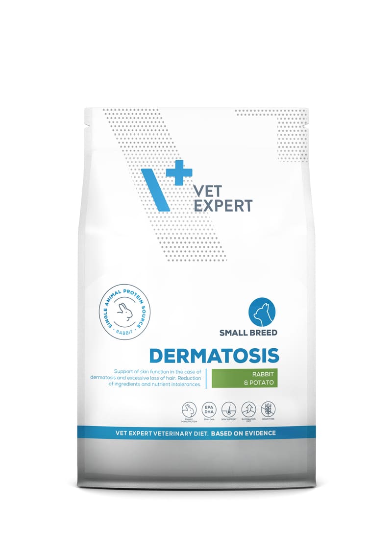 Dietă dermatologică completă pentru câini de talie mică Vet Expert DERMATOSIS Iepure & Cartof 2 KG