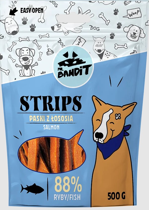 Recompense pentru caini Mr. Bandit STRIPS, somon, 500 g