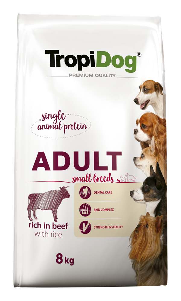 Hrana uscata pentru caini TropiDog, Premium Adult, tale mica, vita & orez, 8kg