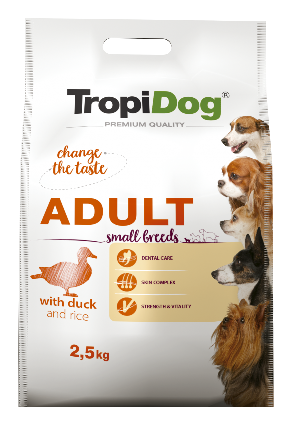 Hrana uscata pentru caini TropiDog, Premium Adult, tale mica, rata & orez, 2.5 kg