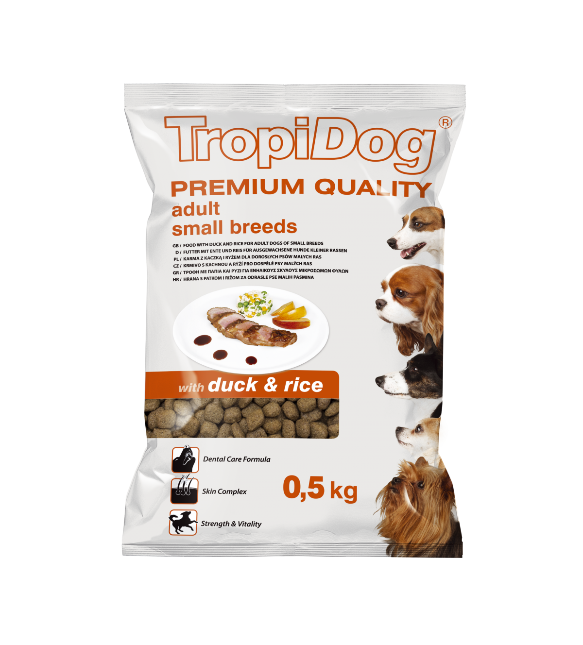 Hrana uscata pentru caini TropiDog, Premium Adult, tale mica, rata & orez, 500g