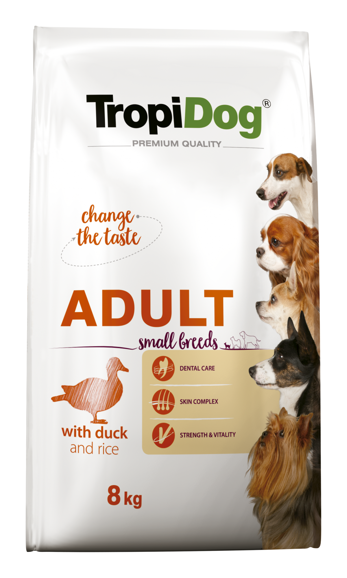 Hrana uscata pentru caini TropiDog, Premium Adult, tale mica, rata & orez, 8kg
