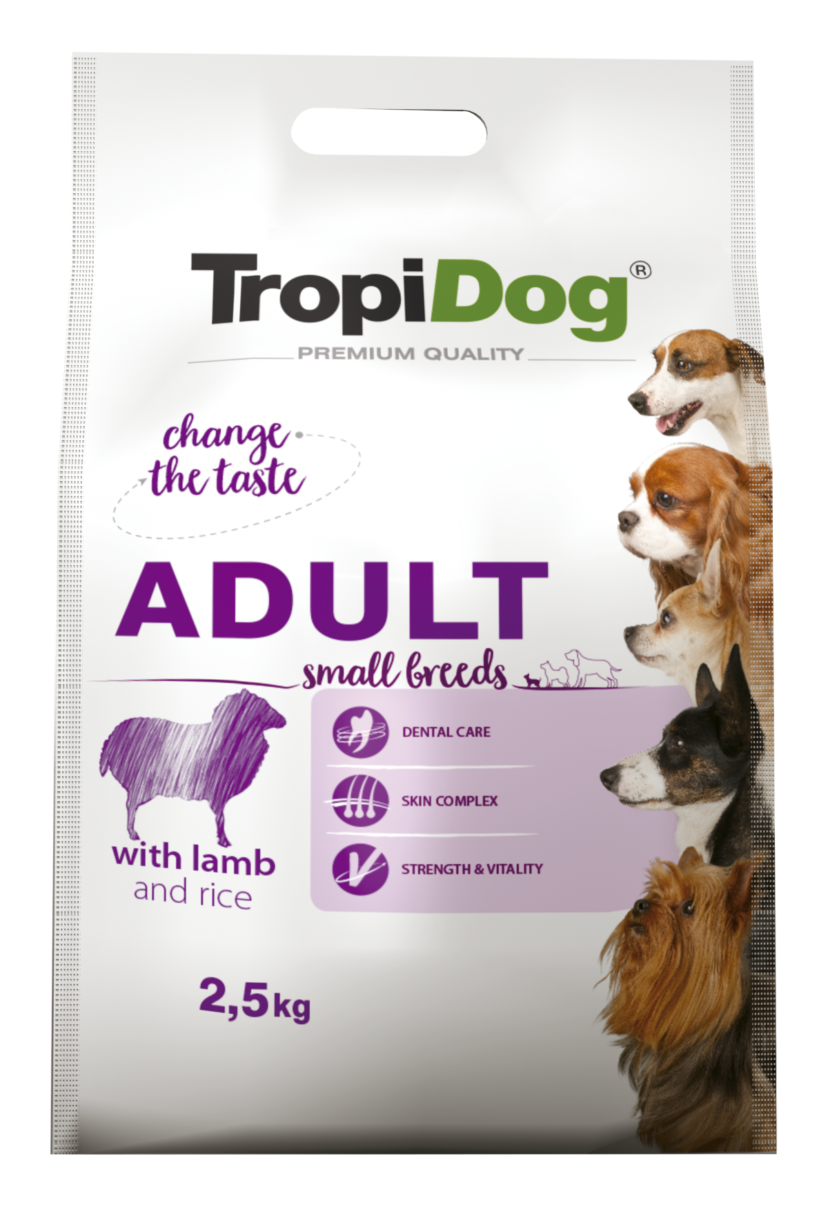 Hrana uscata pentru caini TropiDog, Premium Adult, tale mica, miel & orez, 2.5kg