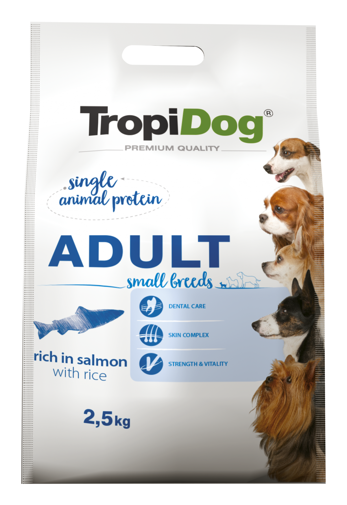 Hrana uscata pentru caini TropiDog, Premium Adult, tale mica, somon & orez, 2.5kg
