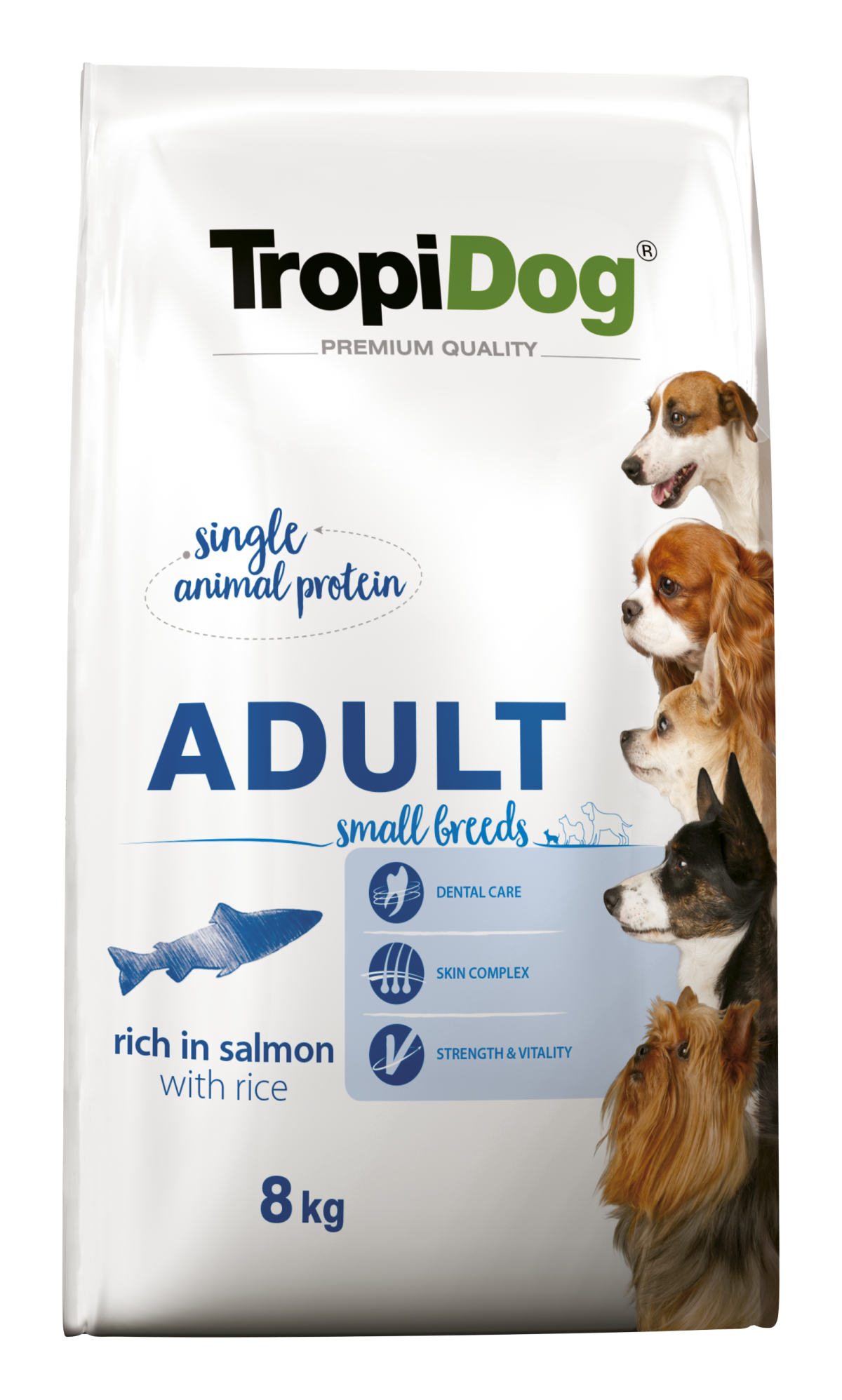 Hrana uscata pentru caini TropiDog, Premium Adult, tale mica, somon & orez, 8kg