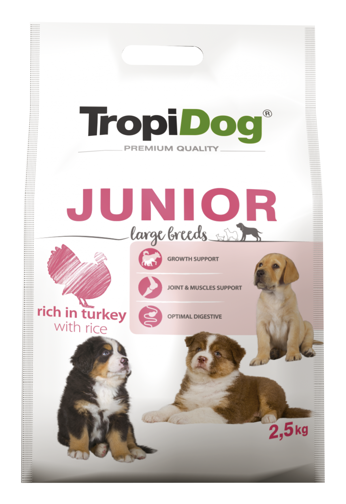Hrana uscata pentru caini TropiDog, Premium Junior, tale mare, curcan & orez, 2.5kg