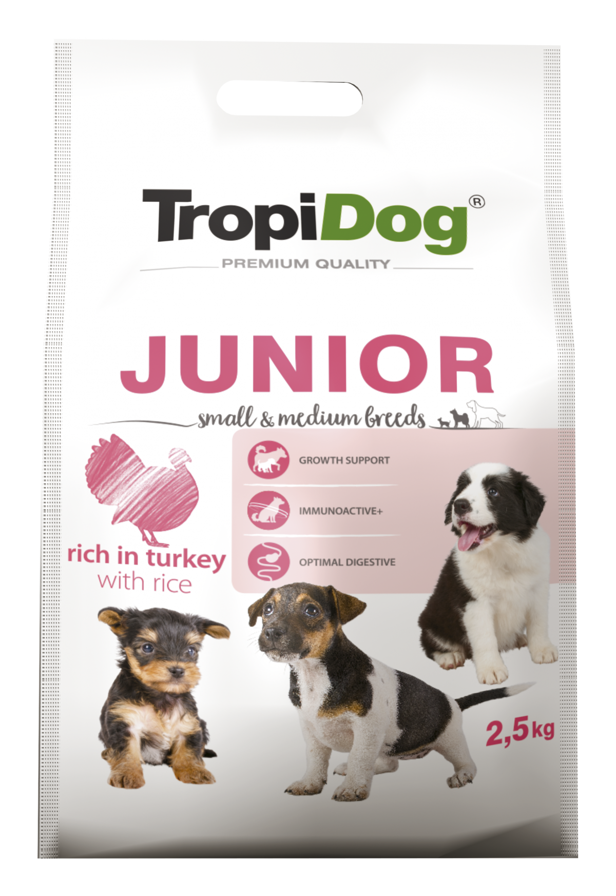 Hrana uscata pentru caini TropiDog, Premium Junior, tale mica sau medie, curcan & orez, 2.5kg