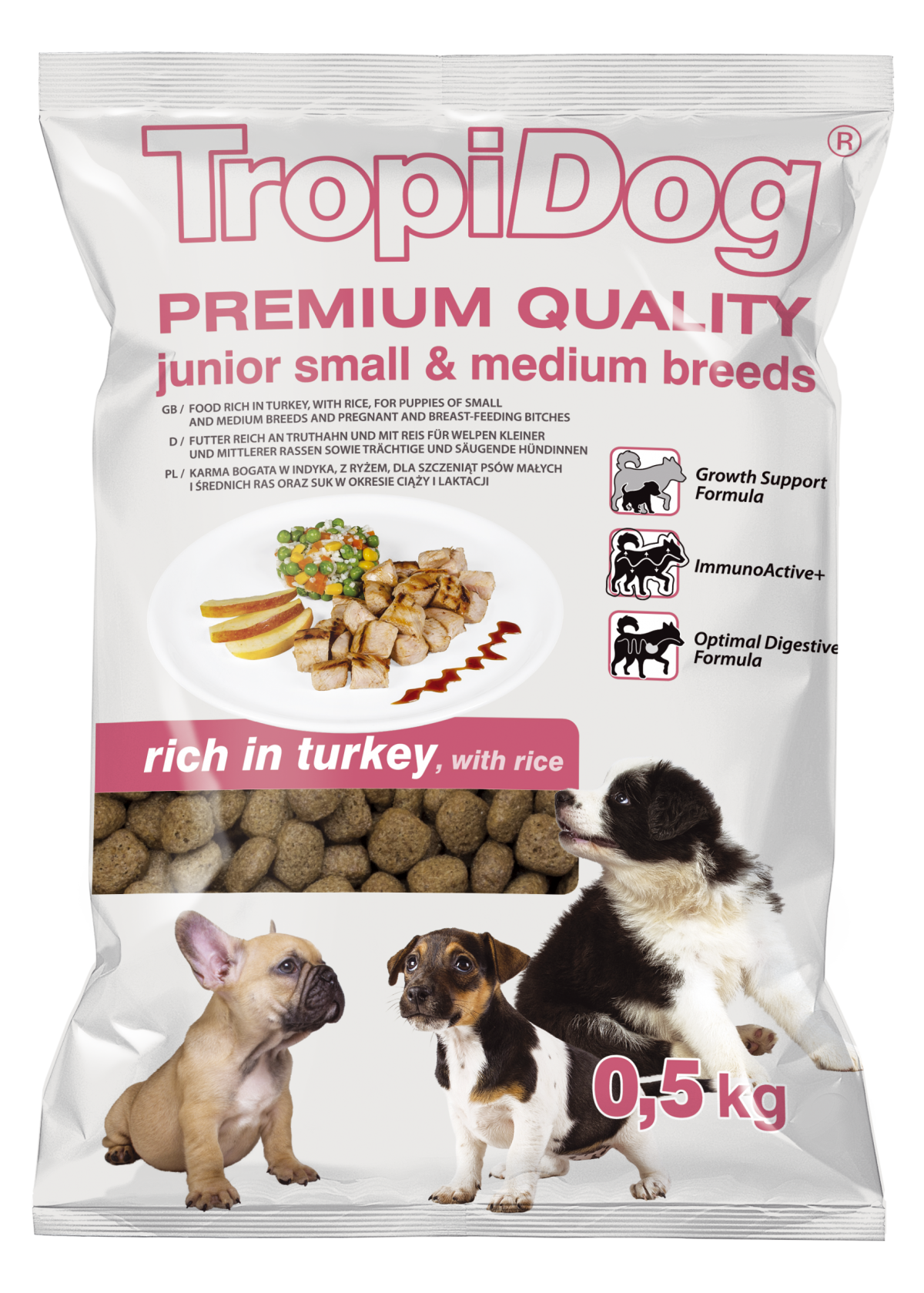 Hrana uscata pentru caini TropiDog, Premium Junior, tale mica sau medie, curcan & orez, 500g