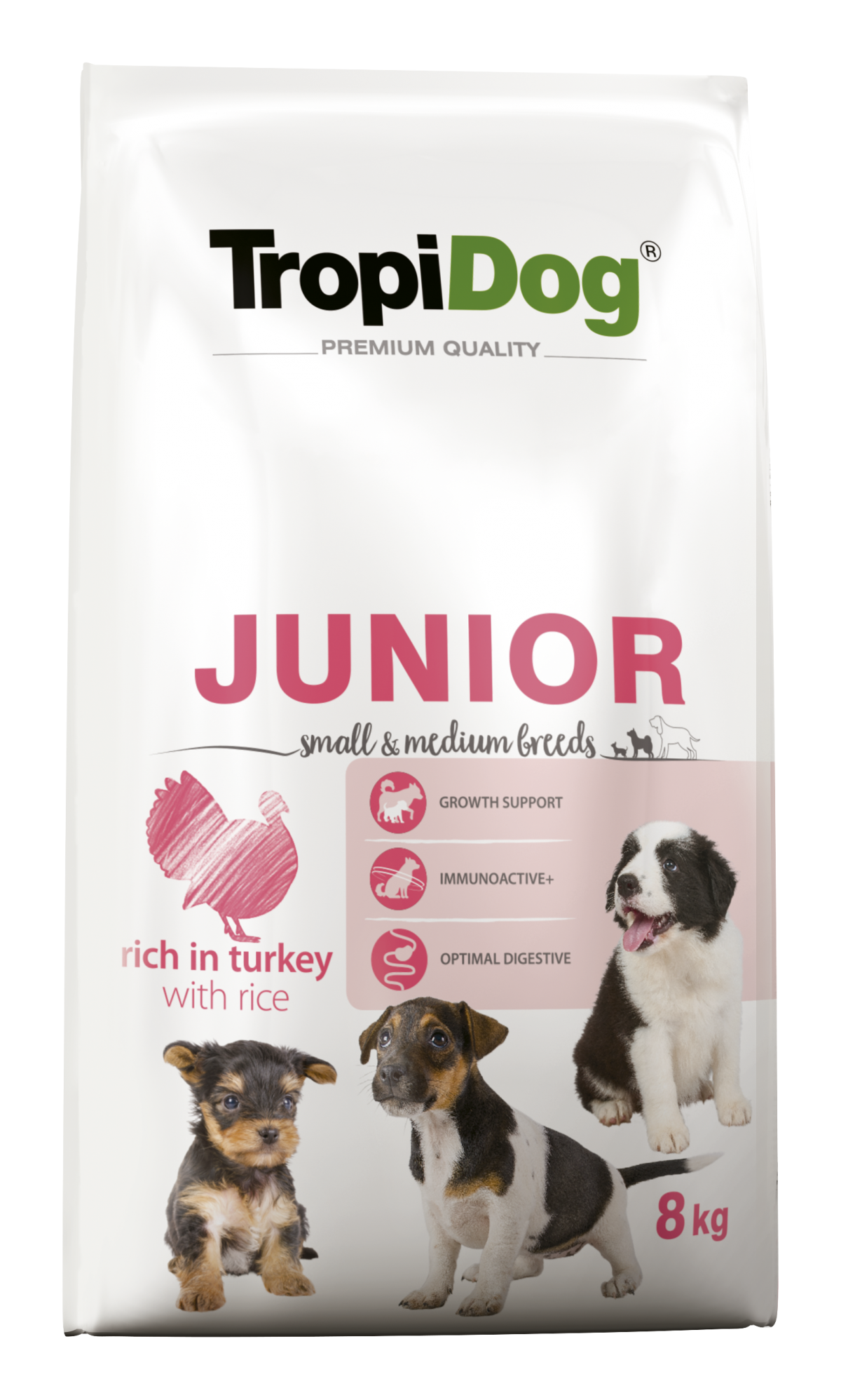 Hrana uscata pentru caini TropiDog, Premium Junior, tale mica sau medie, curcan & orez, 8kg
