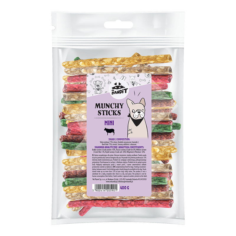 Recompense pentru caini Mr. Bandit Munchy Sticks MINI, 400g, 100 buc.