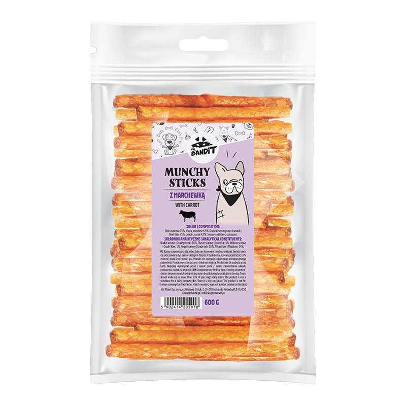 Recompense pentru caini Mr. Bandit Munchy Sticks, cu morcov, 600g