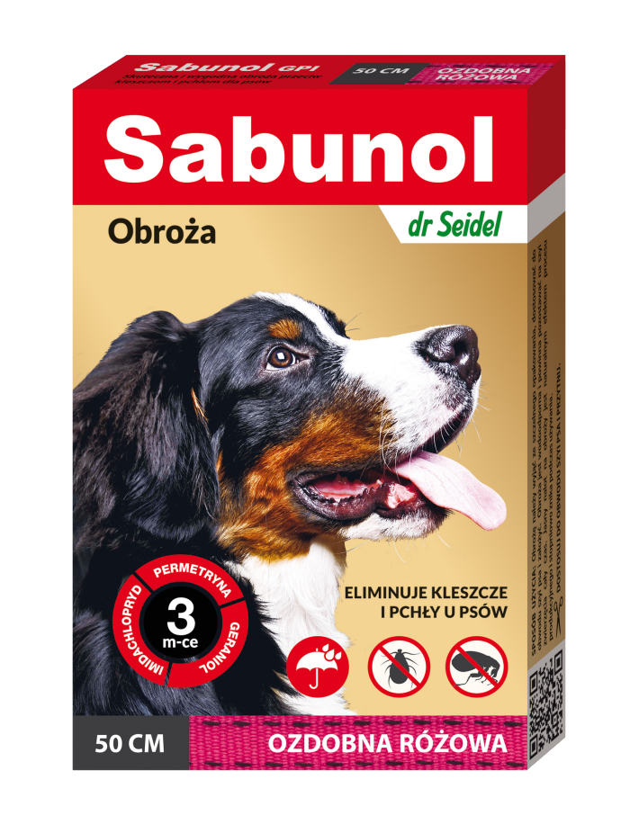Zgarda antiparazitara caini, SABUNOL DOG GPI, 10-25 kg, roz, 50 cm