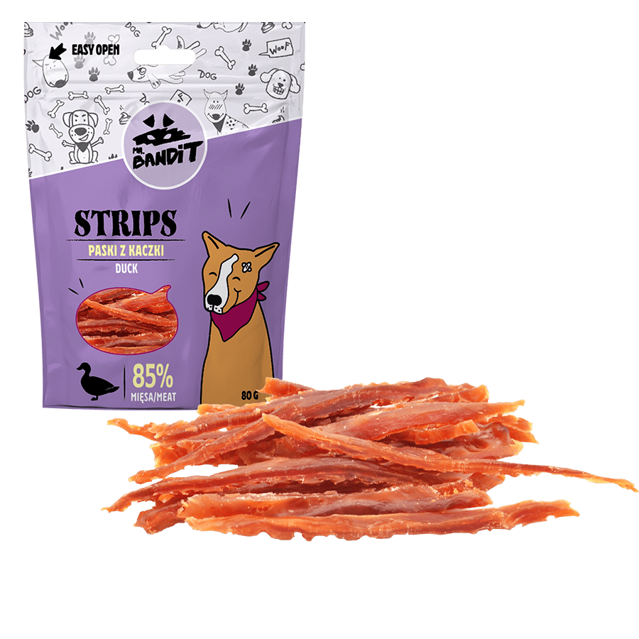 Recompense pentru caini Mr. Bandit STRIPS, rata, 80 g