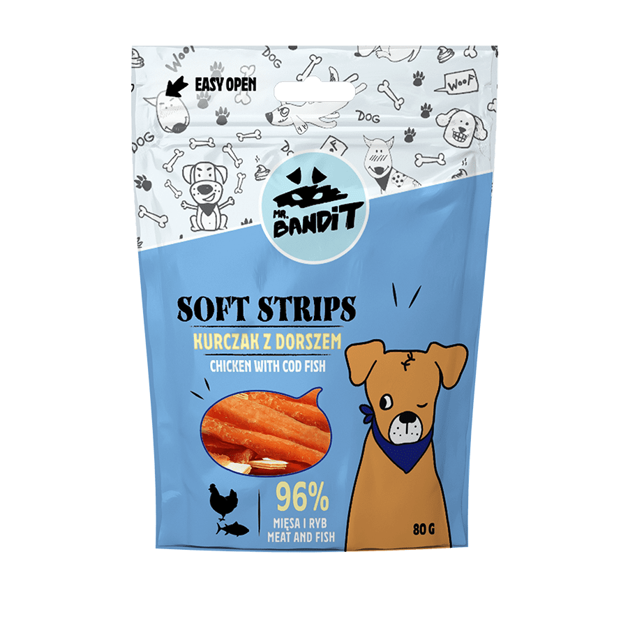 Recompense pentru caini Mr. Bandit SOFT STRIPS, pui si cod, 80 g