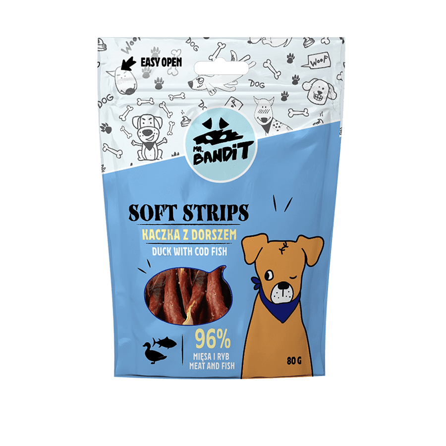 Recompense pentru caini Mr. Bandit SOFT STRIPS, rata si cod, 80 g