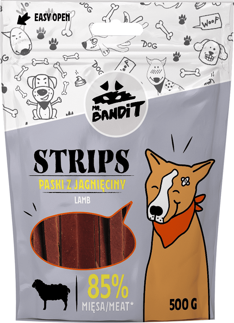 Recompense pentru caini Mr. Bandit STRIPS, miel, 500 g