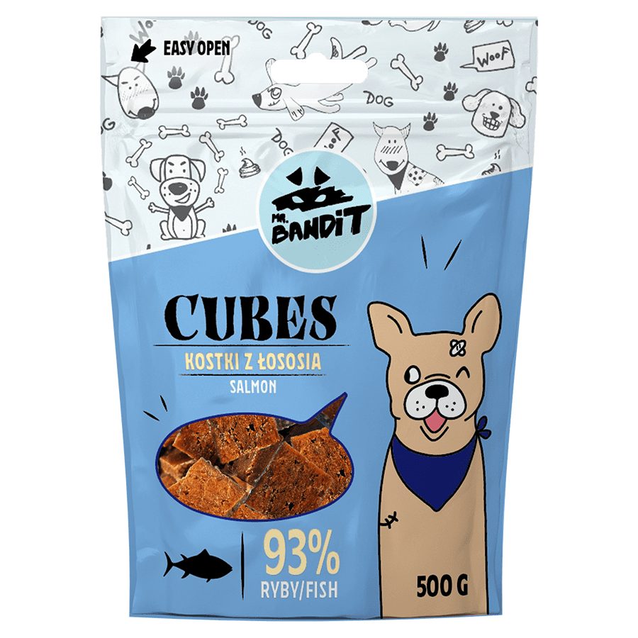 Recompense pentru caini Mr. Bandit, cuburi de somon, 500 g